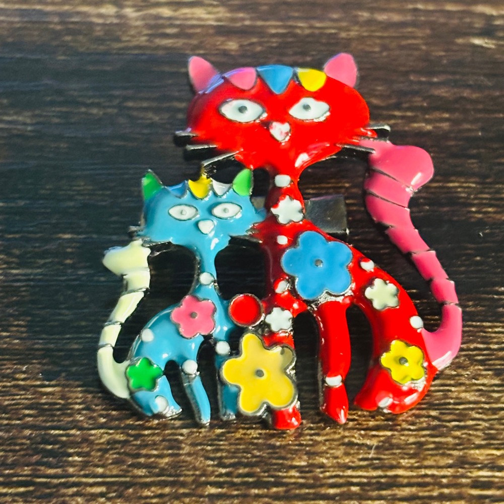 Whimsical Colorful Enamel Cat Brooch Floral Feline Pin Silver Tone Multi Color